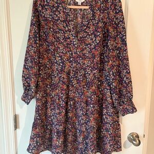 Time and Tru Floral Long Sleeve Dress - Blue and Red